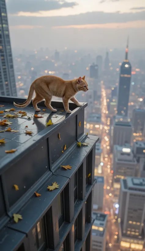 There is a very strong wind blowing.A tangled red cat walks along the very high edge of the roof of the skyscraper. Leaf, debris and dust hovering. The light of the big city appears below. An atmosphere of despair and hopelessness. digital art. high detail...