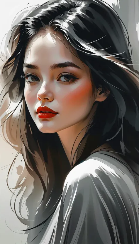 Beauty portrait in ink style,black and white,smooth lines,expressive eyes,Delicate lips,flowing ink contrast,Emphasis on expressions,contrast of light and shadow,Subtle background,simple composition,Ambience of light and space,black ink strokes,implicit em...