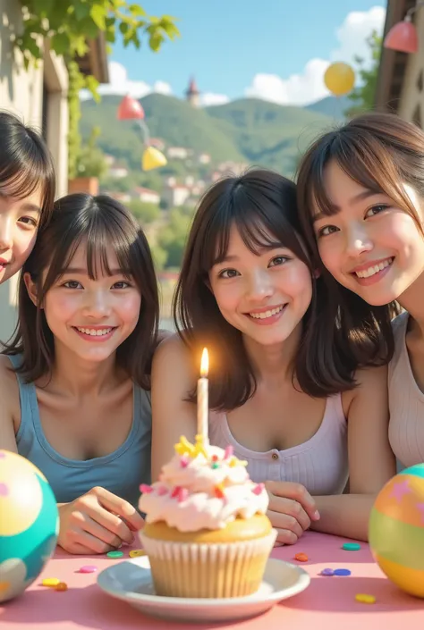 4 people,3girls,one gay boy,Birthday,Birthday_PARTY,Birthday_villages with,BALL, cupcake ,Birthday_ cupcake ,Cheerfulness,Haihuai,Cheerfulness_Vibe,landscape