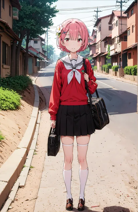 score_9, score_8_up, score_7_up, source_anime,Ram, hair flower, hair ornament, Hair on one eye, pink hair, Red Eyes, short hair, x hair ornament,smile,blush, shut your mouth,Black Sailor Suit,long sleeve, Black Mini Pleated Skirt ,white thigh high socks,lo...