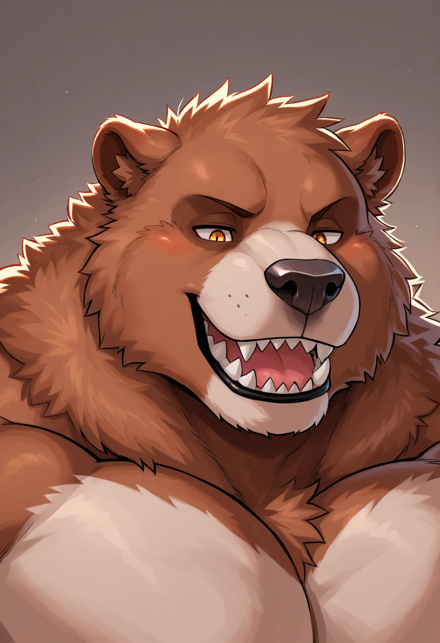 Portrait: huge-fat Kodiak Bear; (fat muscular; kind; big muscles; messy Tan/light-brown fur); happy; pleased expression; massive affection; fuzzy bears; mega-obese Bear, detailed eyes, (sharp teeth); masterpiece; best quality; amazing quality, complete dar...
