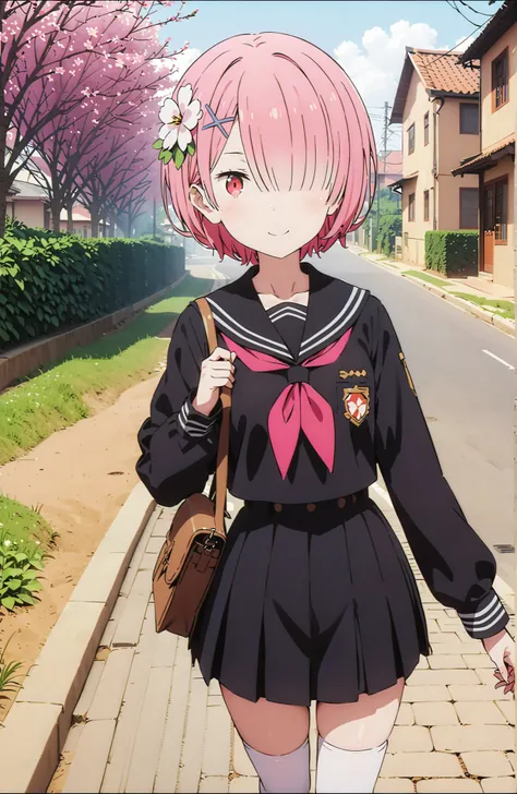 score_9, score_8_up, score_7_up, source_anime,Ram, solo,hair flower, hair ornament,Hide one eye with bangs, pink hair, Red Eyes, short hair, x hair ornament,smile,blush, shut your mouth,Black Sailor Suit,long sleeve, Black Mini Pleated Skirt ,white thigh h...