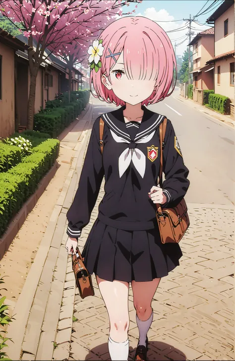 score_9, score_8_up, score_7_up, source_anime,Ram, solo,hair flower, hair ornament,Hide one eye with bangs, pink hair, Red Eyes, short hair, x hair ornament,smile,blush, shut your mouth,Black Sailor Suit,long sleeve, Black Mini Pleated Skirt ,white thigh h...