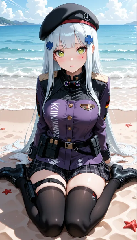 masterpiece, best quality, newest, small breasts, blush, HK416, hat,beret,black headwear,very long hair,white hair,x hair ornament,sidelocks,blunt bangs,green eyes,facial mark,teardrop, military jacket,purple jacket,clothes writing,uniform,white gloves,lon...