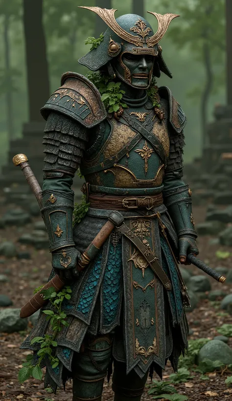 Cambodia – *"The Khmer Revenant"*** *Cloaked in the remnants of Angkorian scale armor, the samurai moves through the ruins of Ta Prohm, vines snaking around his rusted *mempo*. His *naginata* glows faintly with trapped souls, its blade etched with *apsara*...