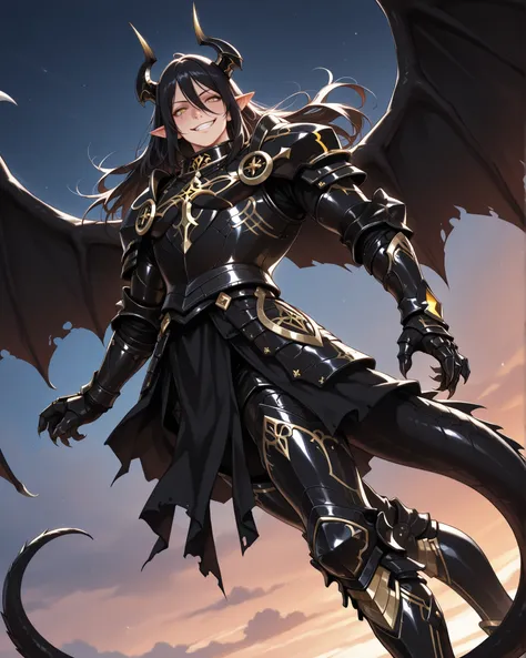 (masterpiece, best quality: 1. 5), highres, 8K, CG, (((Anime))), (1 male), lean body, ((strong body, masculine)), (flying in the sky, floating in the air: 1. 3), weredragon, (japanese anime style), glossy black, shiny black leather, ((beautiful golden eyes...