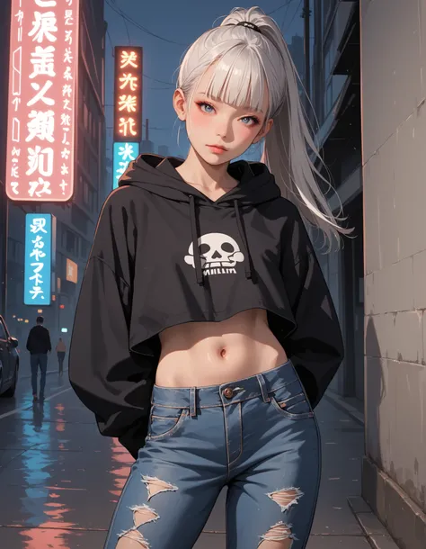 Score_9, score_8_up, score_7_up, score_6_up, source_anime, rating:general, 1girl, long white hair, ponytail, blunt bangs, dark blue eyes, perfect face, pale white skin, flat chest, wearing an oversized cropped dark hoodie over a simple shirt, loose ripped ...