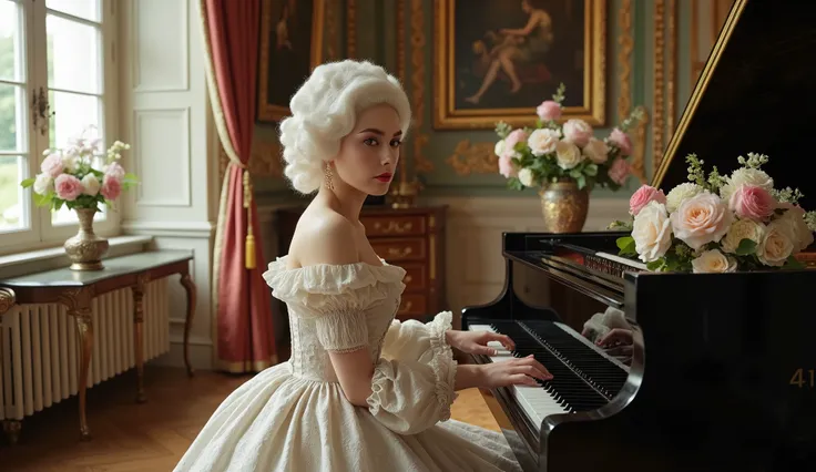 A beautyful female in 18th-century aristocratic attire with white powdered wig, focus playing a grand piano in a luxurious classical European room, warm soft lighting from large windows, elegant atmosphere, relaxing mood, intricate details on clothes, flow...