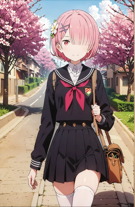 score_9, score_8_up, score_7_up, source_anime,Ram, solo,hair flower, hair ornament,Hide one eye with bangs, pink hair, Red Eyes, short hair, x hair ornament,smile,blush, shut your mouth,Black Sailor Suit,long sleeve, Black Mini Pleated Skirt ,white thigh h...