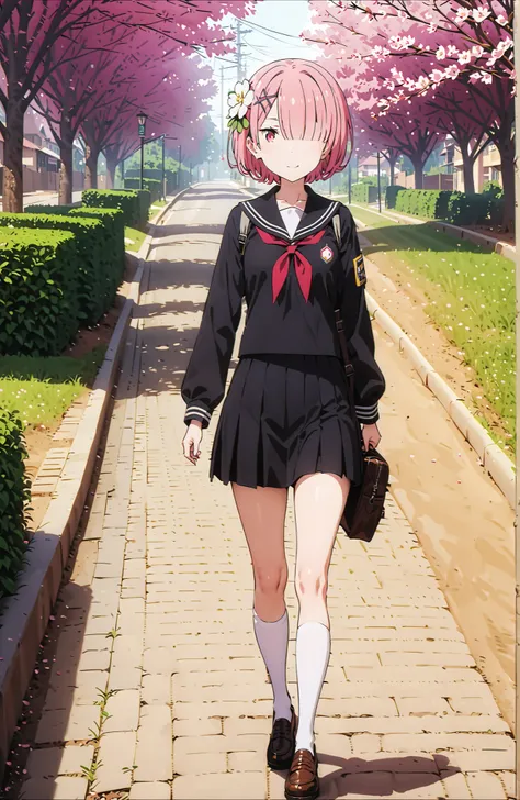 score_9, score_8_up, score_7_up, source_anime,Ram, solo,hair flower, hair ornament,Hide one eye with bangs, pink hair, Red Eyes, short hair, x hair ornament,smile,blush, shut your mouth,Black Sailor Suit,long sleeve, Black Mini Pleated Skirt ,white thigh h...