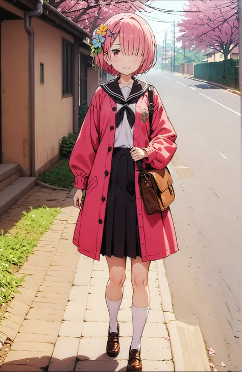 score_9, score_8_up, score_7_up, source_anime,Ram, solo,hair flower, hair ornament,Hide one eye with bangs, pink hair, Red Eyes, short hair, x hair ornament,smile,blush, shut your mouth,Black Sailor Suit,long sleeve, Black Mini Pleated Skirt ,white thigh h...