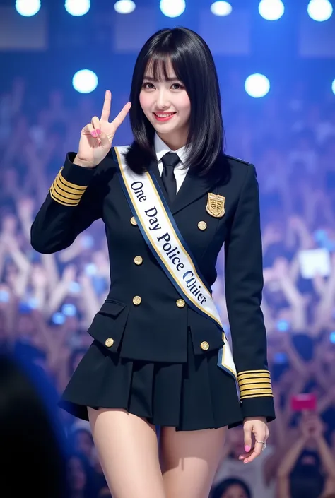 Create a stunning portrait of a beautiful Japanese female singer. She has a slender figure, medium bust, and slim legs, with medium-length hair. She is dressed in a Japanese police uniform as part of her role as a "one-day police chief," with a sash that r...