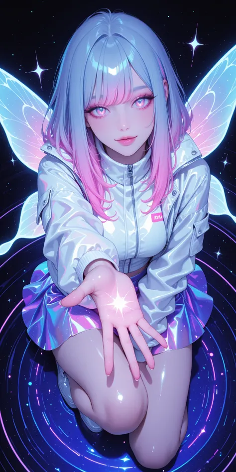 Girl, light jacket, neon color, glossy, glow, shine, She poses playfully on one knee, reaching out with one hand, neon fairy, view from above, glossy skirt