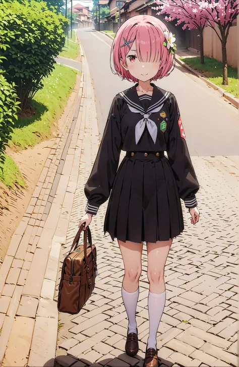 score_9, score_8_up, score_7_up, source_anime,Ram, solo,hair flower, hair ornament,Hide one eye with bangs, pink hair, Red Eyes, short hair, x hair ornament,smile,blush, shut your mouth,Black Sailor Suit,long sleeve, Black Mini Pleated Skirt ,white thigh h...