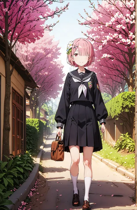 score_9, score_8_up, score_7_up, source_anime,Ram, solo,hair flower, hair ornament,Hide one eye with bangs, pink hair, Red Eyes, short hair, x hair ornament,smile,blush, shut your mouth,Black Sailor Suit,long sleeve, Black Mini Pleated Skirt ,white thigh h...