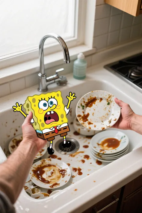 A scene of a drawn cartoon character inside a real photorealistic world. A photorealistic human hand holding the 2D cartoon spongebob in one hand and a dirty dish in another hand in the kitchen sink full of saucy dishes of a real-life photorealistic world. Spongebob screams terrified while putting his hands up trying to defend himself, looking and facing at the other hand, 