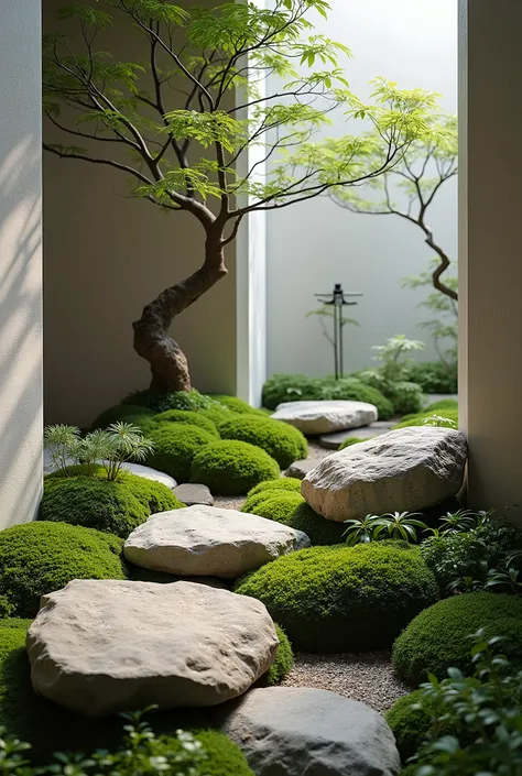 The image showcases a serene, indoor Japanese-inspired rock garden. It features large, natural stones artfully arranged among lush green moss and delicate plants, creating a tranquil and harmonious scene. Small trees with gracefully curving branches add a ...