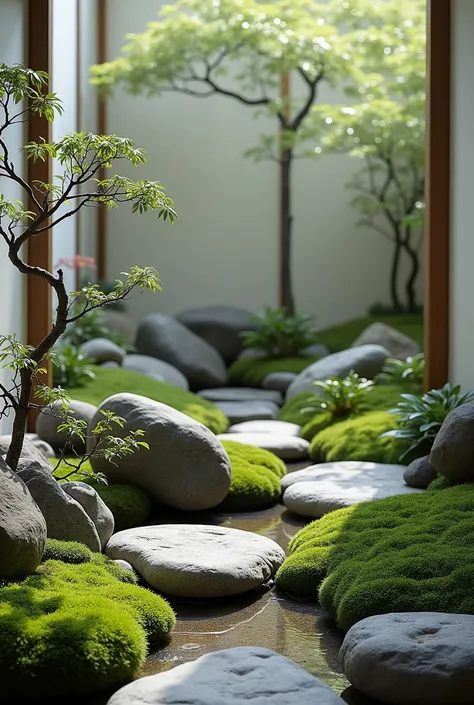 The image showcases a serene, indoor Japanese-inspired rock garden. It features large, natural stones artfully arranged among lush green moss and delicate plants, creating a tranquil and harmonious scene. Small trees with gracefully curving branches add a ...