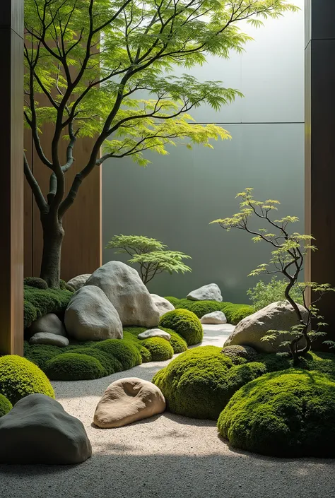 The image showcases a serene, indoor Japanese-inspired rock garden. It features large, natural stones artfully arranged among lush green moss and delicate plants, creating a tranquil and harmonious scene. Small trees with gracefully curving branches add a ...