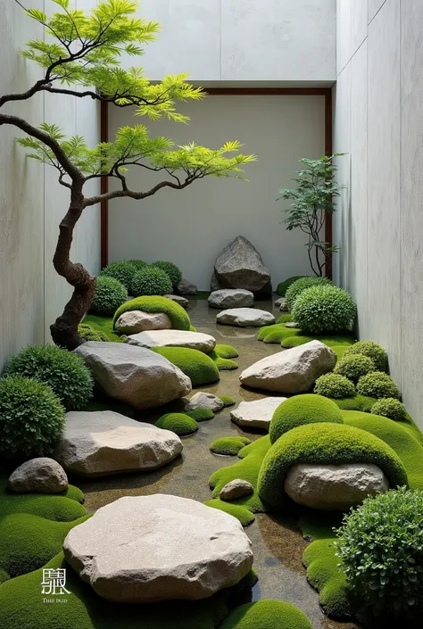 The image showcases a serene, indoor Japanese-inspired rock garden. It features large, natural stones artfully arranged among lush green moss and delicate plants, creating a tranquil and harmonious scene. Small trees with gracefully curving branches add a ...