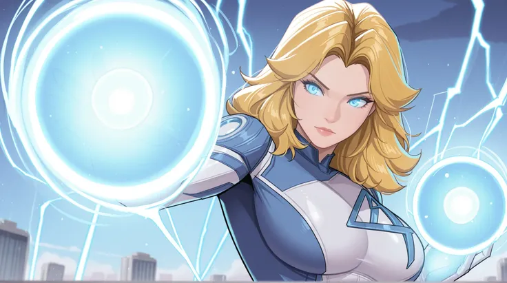 suest0rm, close up, 1girl, susan storm, fantastic four, long blonde hair, glowing blue eyes, large breasts, magic, glowing orb, blue lightning, best quality, masterpiece
