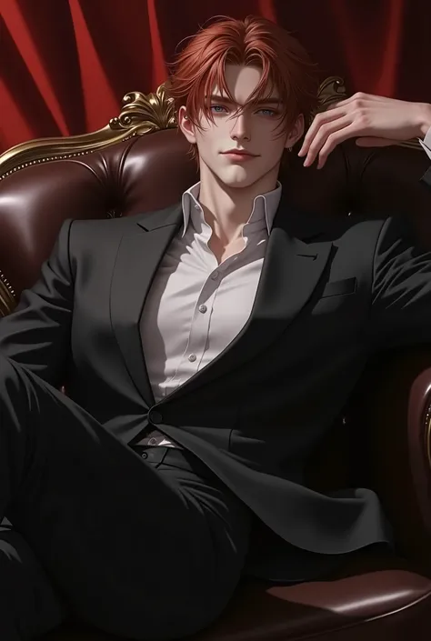 , young man, a handsome guy, handsome, strong looking, soft features, brown hair, blue eyes, Wearing a chic suit, rest, Leaning Back in Leather Chair, strong seductive gaze, grins,Seating , looks up at the audience, being stimulated, strong, sexy, Redhead,...