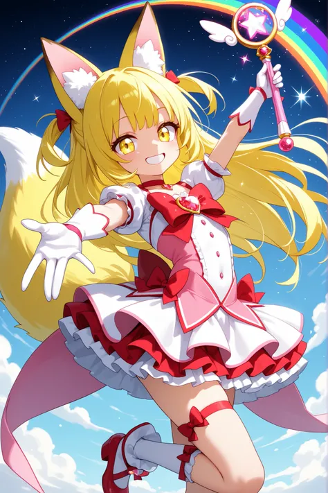 Highest Quality, 8k, unbelievably beautiful, very detailed描き込み, very detailed, Delicate and Dynamic Depiction, A girl who uses magic,magic wand on the hill,fox ears,fox tail,yellow long hair, yellow eyes,pretty eyes,Magic Rim, pink magical girl costume,Ruf...