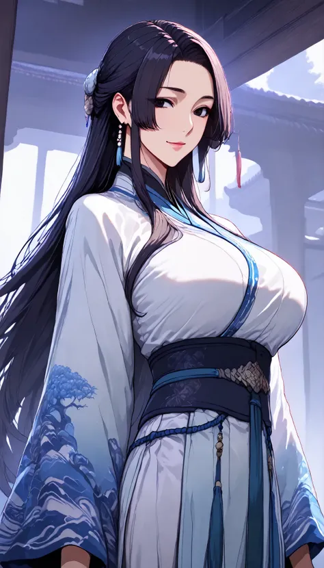 SOLO, A Female,Mature flavor, Perfect body, Oppai, (Chinese long hair,Black Hair),(Black eyes),, Wearing A Green and White Chinese Robe(Hanfu type), In the Chinese classical Garden,Light smile,UHD, anatomically correct, masterpiece, textured skin, high det...