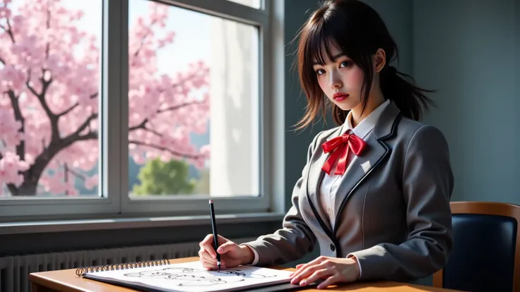 ultra-realistic, photorealistic, dramatic scene, shadow, global-illumination, Japanese high school student girl, very beautiful fragile Japanese girl, boyish cool face with sporty atmosphere, (very large breasts), slim waist, (wearing a gray colored Japanese high school cute uniform of white shirt with blazer and skirt, red ribbon:1.2), (very large breasts), (she is taking a science class, She is drawing a large cat on her science notebook), there are cherry blossoms in full bloom outside, window, curtain, 