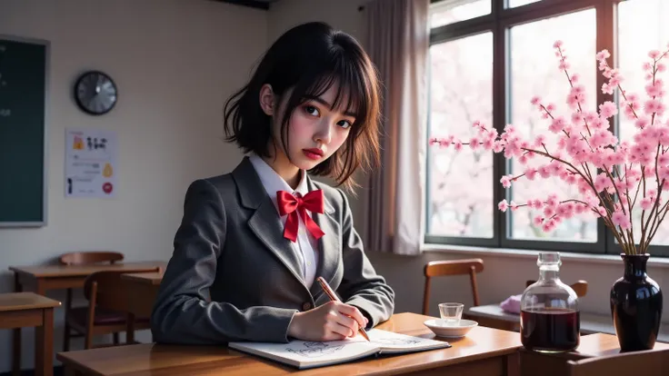 ultra-realistic, photorealistic, dramatic scene, shadow, global-illumination, Japanese high school student girl, very beautiful fragile Japanese girl, boyish cool face with sporty atmosphere, (very large breasts), slim waist, (wearing a gray colored Japanese high school cute uniform of white shirt with blazer and skirt, red ribbon:1.2), (very large breasts), (she is taking a science class, She is drawing a large cat on her science notebook), there are cherry blossoms in full bloom outside, window, curtain, 