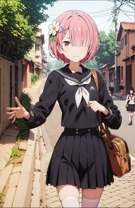 score_9, score_8_up, score_7_up, source_anime,Ram, solo,hair flower, hair ornament,Hide one eye with bangs, pink hair, Red Eyes, short hair, x hair ornament,smile,blush, shut your mouth,Black Sailor Suit,long sleeve, Black Mini Pleated Skirt ,white thigh h...