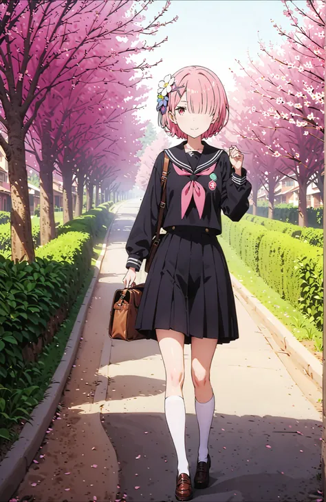 score_9, score_8_up, score_7_up, source_anime,Ram, solo,hair flower, hair ornament,Hide one eye with bangs, pink hair, Red Eyes, short hair, x hair ornament,smile,blush, shut your mouth,Black Sailor Suit,long sleeve, Black Mini Pleated Skirt ,white thigh h...