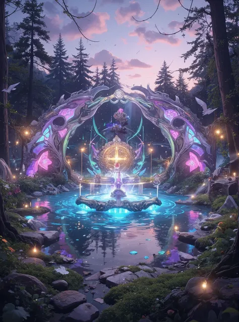 *Imagine a transcendent music festival set in a hidden, enchanted forest at twilight. The sky is painted in brilliant gradients of soft pink, deep purple, and shimmering blue, while the forest floor is blanketed by luminescent moss and dewdrops that catch ...
