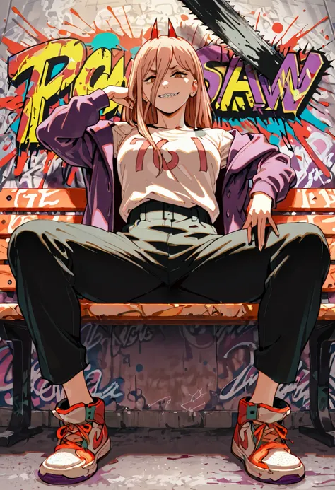 (masterpiece, best quality, high quality, highres, ultra-detailed), 1girls, standing, abstract background, sit on bench ,spread legs, grin, light smile, smug, sharp teeth, horns, looking at viewer, graffiti background, abstract background, ink colorful spl...