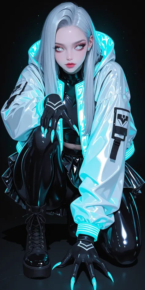 Girl, light jacket, neon, wolverine claw, She poses playfully on one knee, reaching out with one hand, tight, thicc, glossy skirt, silver eye