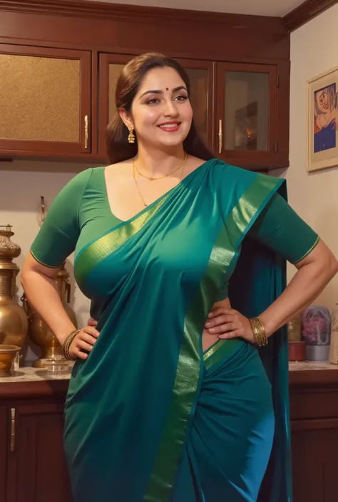 (Centered composition, cinematic lighting, detailed background) — A high-resolution, ultra-detailed painting in the style of renowned Indian artist Manimala. The scene shows a graceful, curvaceous and busty with large breasts and deep cleavage Indian woman...