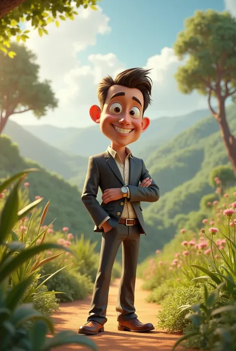 An image of a wealthy man animated 3D in Pixar style in nature environment not in official dressing 