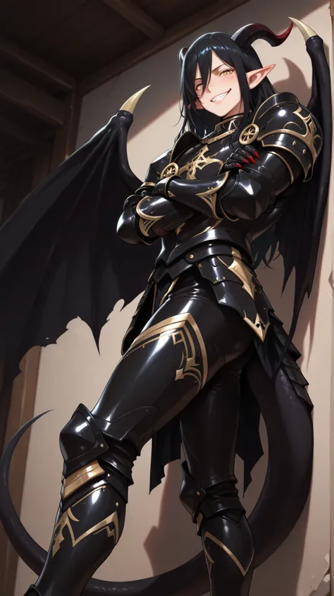 (masterpiece, best quality: 1. 5), (128K Ultra High Resolution), highres, 8K, CG, (((Anime))), (1 male), lean body, (strong body, masculine: 1. 2), (crossed arms), weredragon, (japanese anime style), glossy black, shiny black leather, ((beautiful golden ey...
