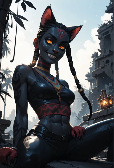 Meisterwerk, hd , great quality, very aesthetic, absurd, high contrast , high color palette , light glare ,neueste,2.5D,volumetric lighting, intense colours, Sweet, jung, 1 girl, asiatisch, Mongol cat-girl, monster girl, panther girl, anthro catgirl, round...