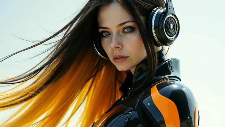 The image features a futuristic character with a blend of organic and mechanical elements. The figure has long, flowing hair that transitions from dark to a vibrant yellow orange hue. They are adorned with intricate cybernetic enhancements, including large...