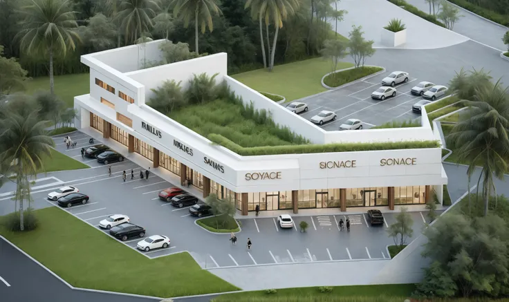 RAW photo, a photo of a shopping mall, The shopping mall is very practical, unique and modern, designed on a street, with no other buildings in sight. Bird's eye view, large parking lot, surrounded by greenery
landscape with weed foreground, building, urba...