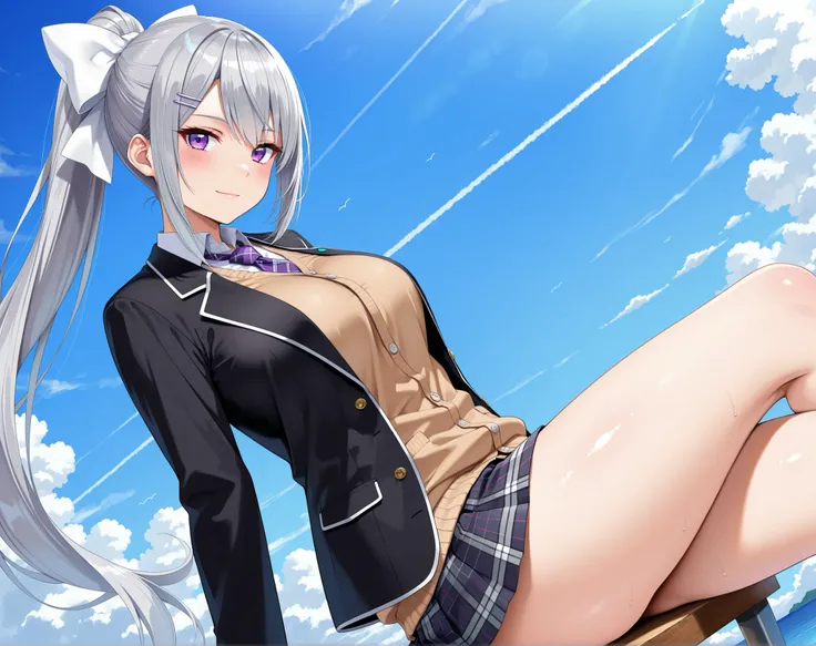 best quality, amazing quality, highres, absurdres, very aesthetic, high resolution, ultra detailed, perfect details,nijikaede,large breasts,purple eye,grey hair,long eyelashes,long hair,ponytail,white bow,hair pin,nijikaedecos,white shirt,purple necktie,pl...