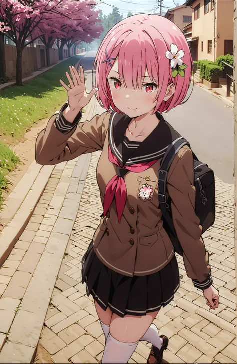 score_9, score_8_up, score_7_up, source_anime,Ram, solo,hair flower, hair ornament,Hide one eye with bangs, pink hair, Red Eyes, short hair, x hair ornament,smile,blush, shut your mouth,Black Sailor Suit,long sleeve, Black Mini Pleated Skirt ,white thigh h...