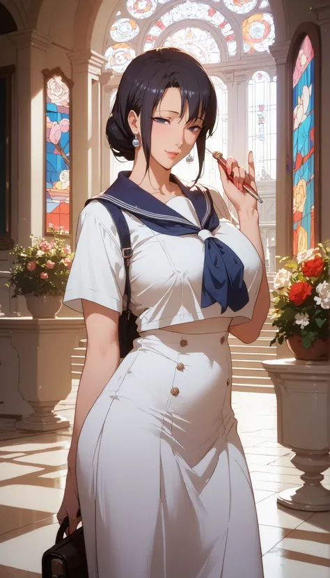 Score_8_up, Score_7_up, Source_anime, anime art, anime style, very aesthetic, masterpiece, high quality, cool character, mature woman, milf, curvaceous, ,Tsubaki Miyajima ,school uniform 