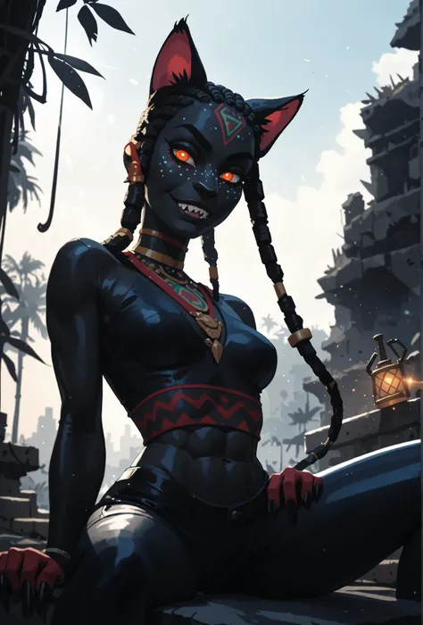 Meisterwerk, hd , great quality, very aesthetic, absurd, high contrast , high color palette , light glare ,neueste,2.5D,volumetric lighting, intense colours, Sweet, jung, 1 girl, asiatisch, Mongol cat-girl, monster girl, panther girl, anthro catgirl, round...