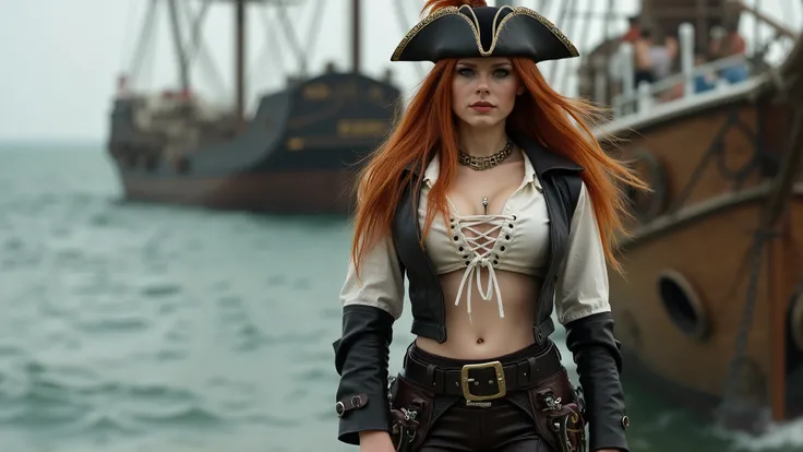 Beautiful woman with a perfect body, tight leather pants, an open leather top with a white lace-up blouse showing a generous cleavage, flowing red hair, a three-pointed leather hat with a goose feather on one of them. Two gunpowder pistols on her hips and ...