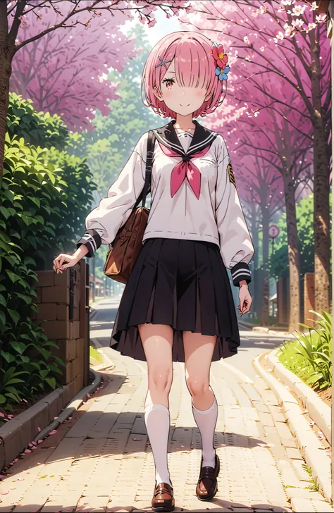 score_9, score_8_up, score_7_up, source_anime,Ram, solo,hair flower, hair ornament,Hide one eye with bangs, pink hair, Red Eyes, short hair, x hair ornament,smile,blush, shut your mouth,Black Sailor Suit,long sleeve, Black Mini Pleated Skirt ,white thigh h...
