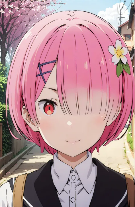 score_9, score_8_up, score_7_up, source_anime,Ram, solo,hair flower, hair ornament,Hide one eye with bangs, pink hair, Red Eyes, short hair, x hair ornament,smile,blush, shut your mouth,Black Sailor Suit,long sleeve, Black Mini Pleated Skirt ,white thigh h...