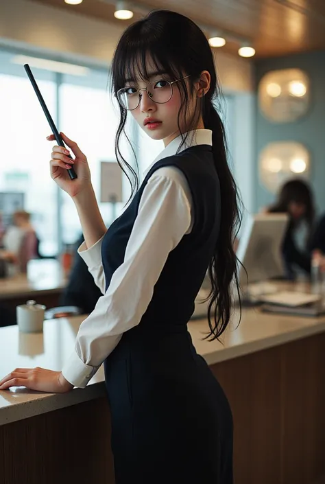 ((Highest Quality、masterpiece、high sensitivity、high resolution、Detailed Description、delicate facial depiction、Ｆvalue：6.0),((Slender Woman、wearing glasses)), bank uniform、At the bank counter at the 、wand、