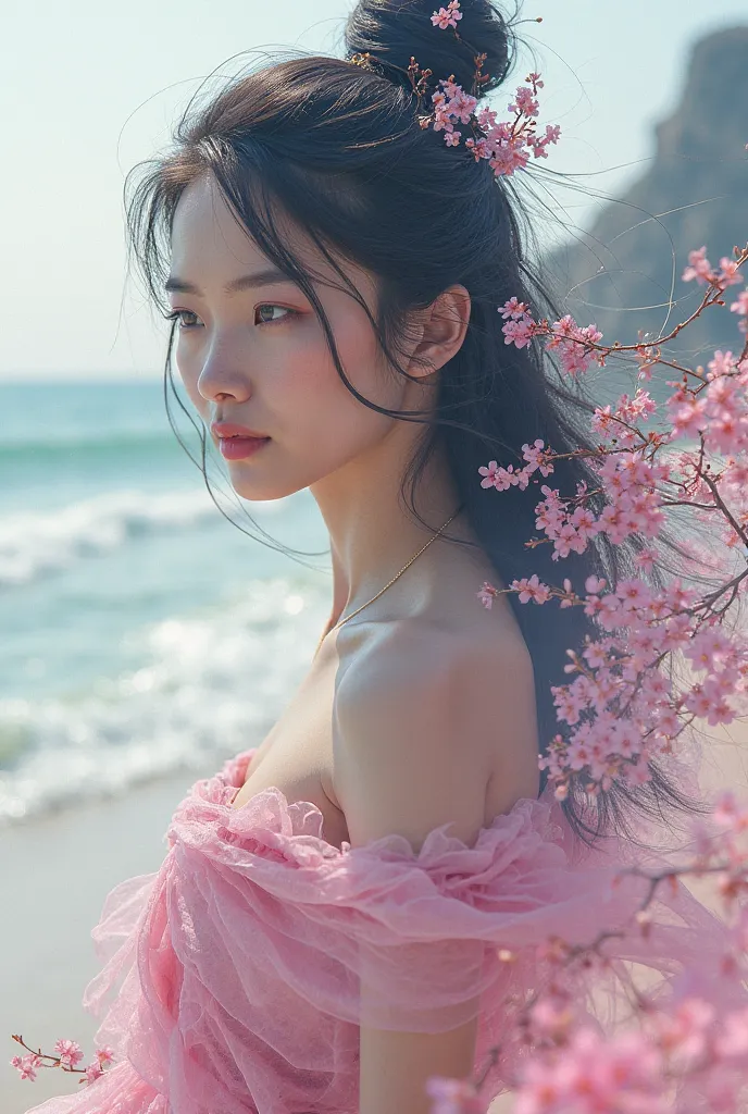 high quality, 8K ultra HD, 여신의 실루엣과 해질녘 해안이 결합된 아름다운 double exposure, coastline is used by Yuki Sakura as a background for the goddess, and, details are incorporated into the goddess. sharp lines, The background is solid , clear focus, double exposure, By ...